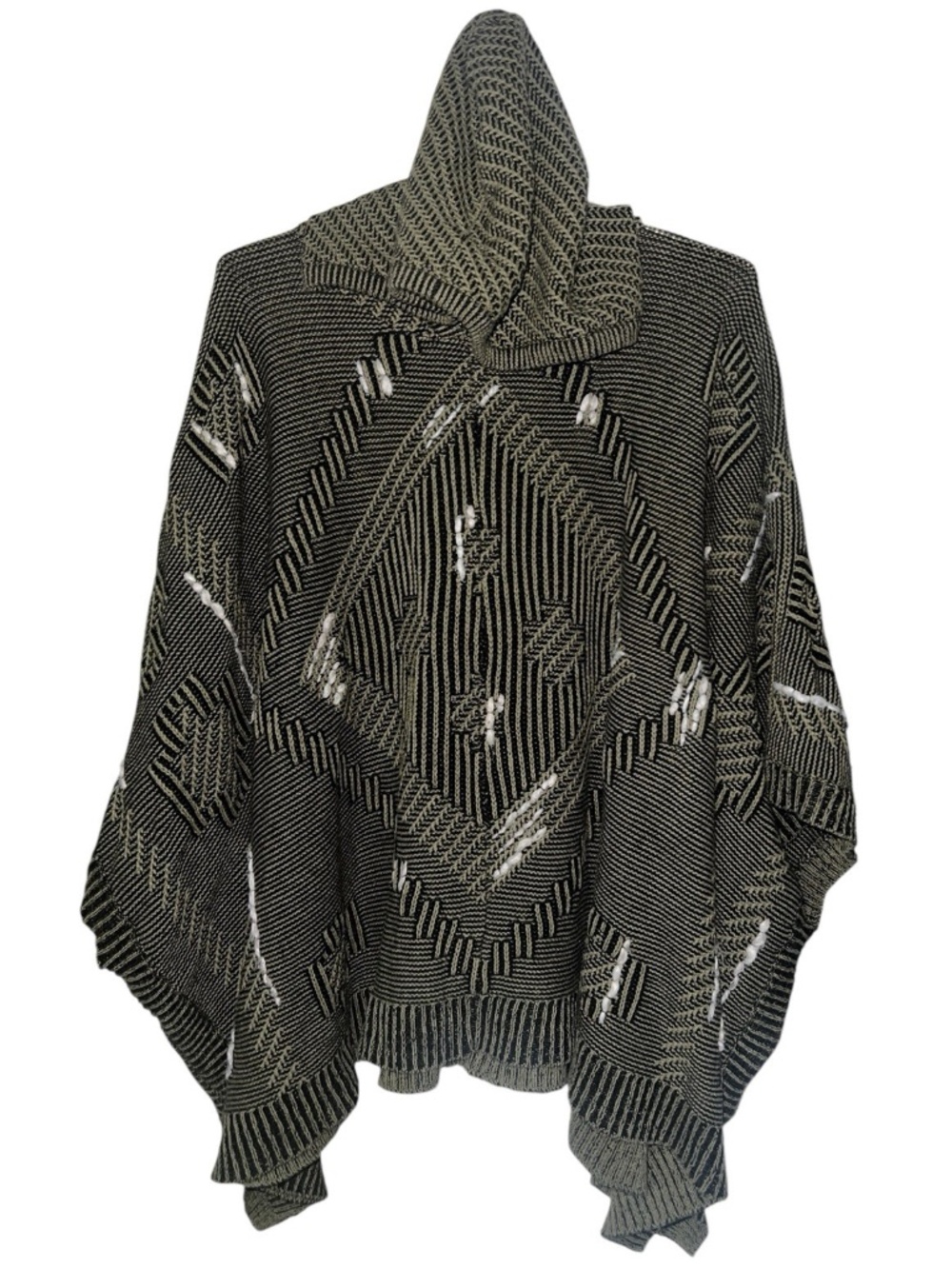 ecoté Urban Outfitters Short Sleeve Hooded Knit Poncho Olive Aztec Design